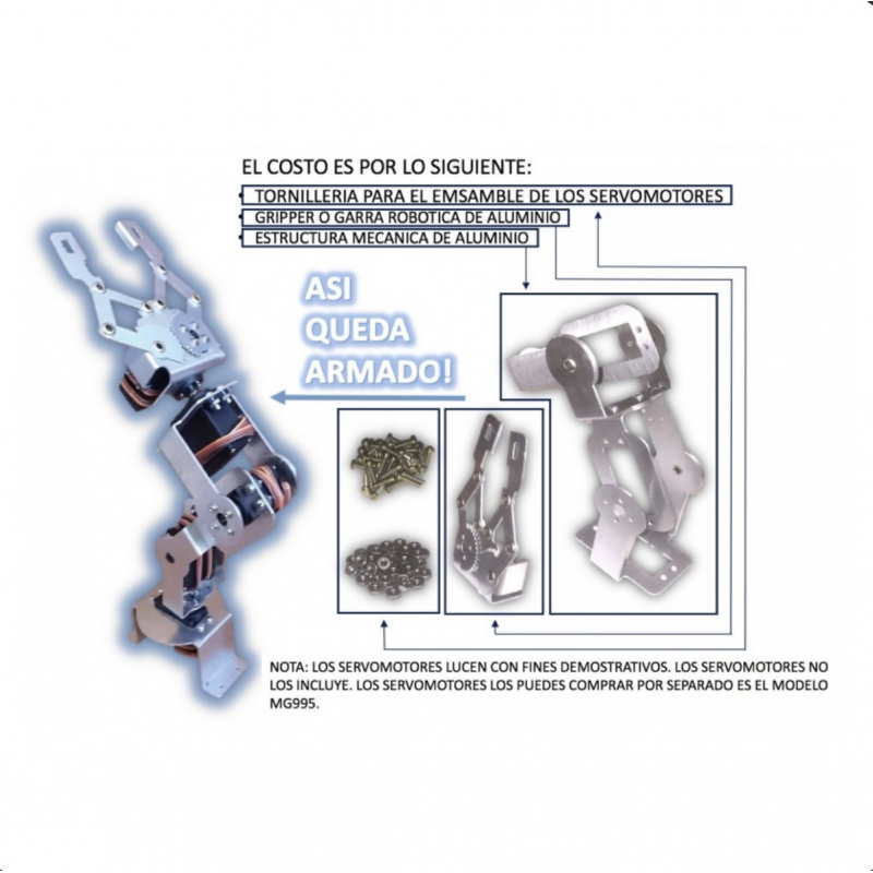 Estructura De Aluminio Para Brazo Robótico 5GDL Requieres 5 Servomotores MG995 Incluye Gripper