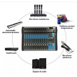 Mezcladora xtuga es1202 usb 12 canales colo rojo