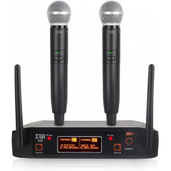 Sistema De Micrófonos Inalámbricos Xtuga A10 Uhf 2 Canales Con 2 micrófonos 231.5Mhz - 255.8Mhz (incluye estuche tipo maletín)