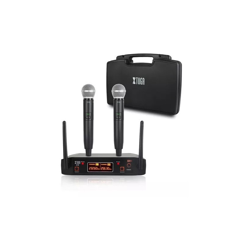 Sistema De Micrófonos Inalámbricos Xtuga A10 Uhf 2 Canales Con 2 micrófonos 231.5Mhz - 255.8Mhz (incluye estuche tipo maletín)