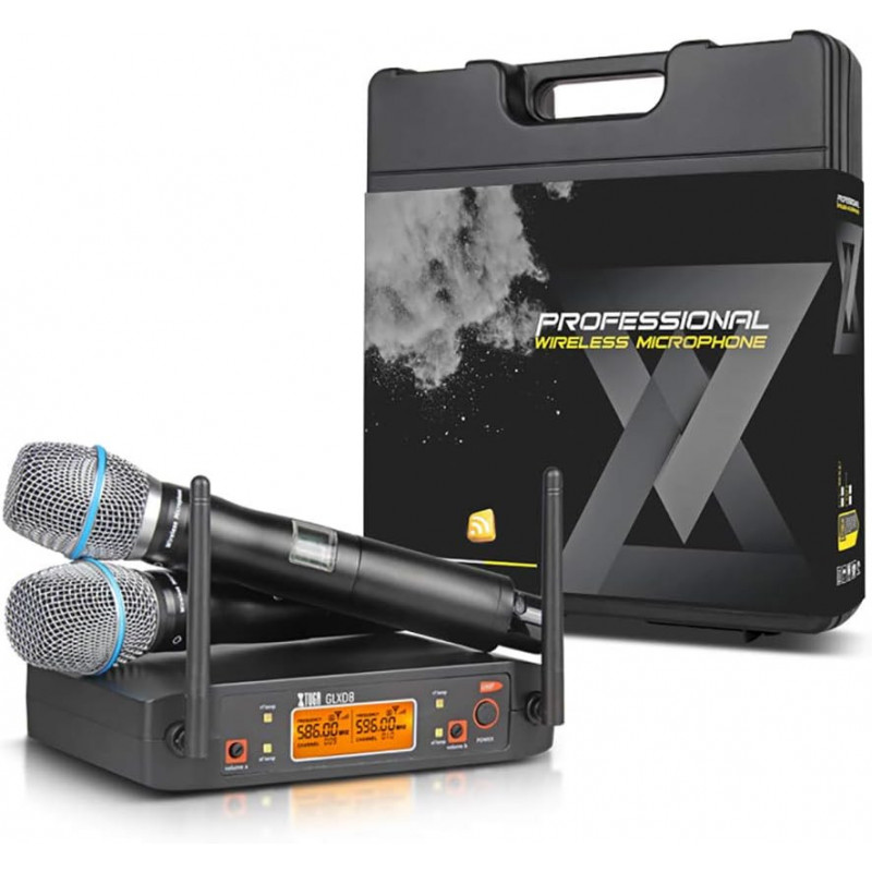 Sistema De Micrófonos Inalámbricos Xtuga GLXD8 Uhf De 2 Canales Con 2 micrófonos 577.1- 593.2Mhz (incluye maletín de transporte)