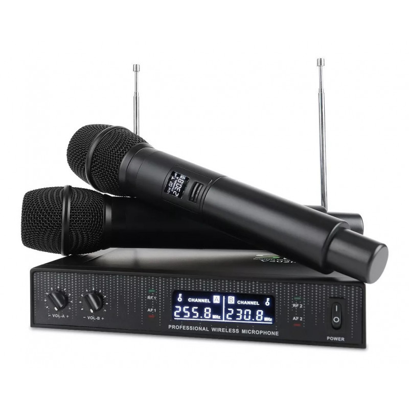 sistema de Micrófonos Inalámbricos sound progress v2020 vhf 2 Canales Con 2 micrófonos 255.8-230.8Mhz
