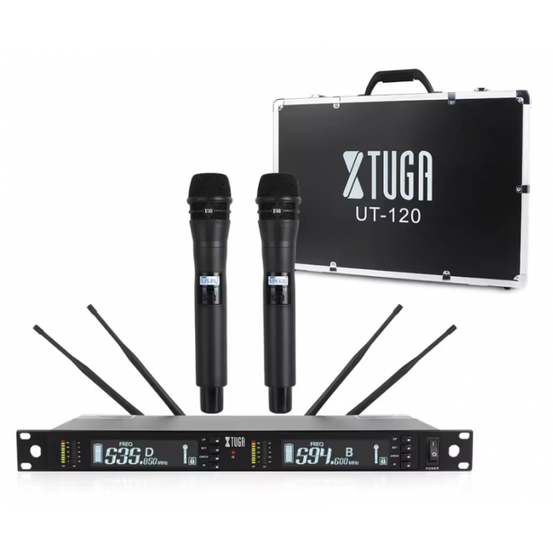 Micrófonos Inalámbricos XTUGA UT120 Uhf 2 Canales 2 micrófonos 535-594Mhz (INCLUYE MALETIN DE TRASNPORTACIóN )