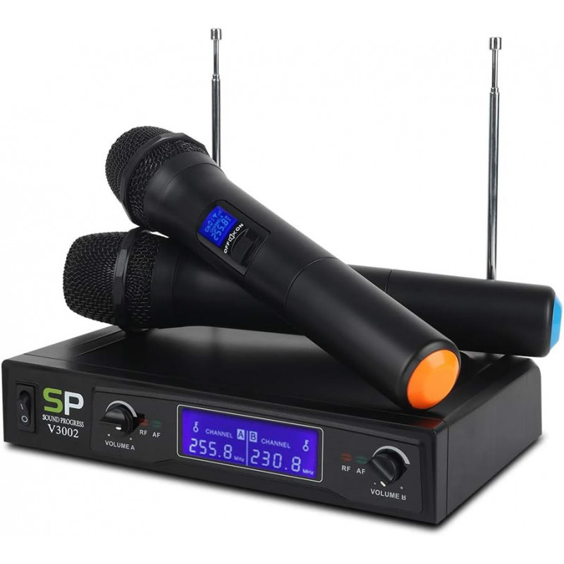 sistema de Micrófonos Inalámbricos sound progress v3002 vhf 2 Canales Con 2 micrófonos 255.8-230.8Mhz